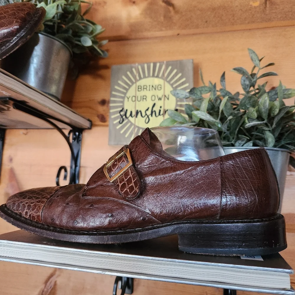 David Eden Exotic Ostrich Croc Gator Leather‎ Monk Strap Oxford Dress Shoes Sz 9